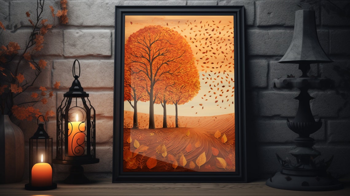 Golden Orange Autumn Trees Falling Leaves Hill Fall Art Poster