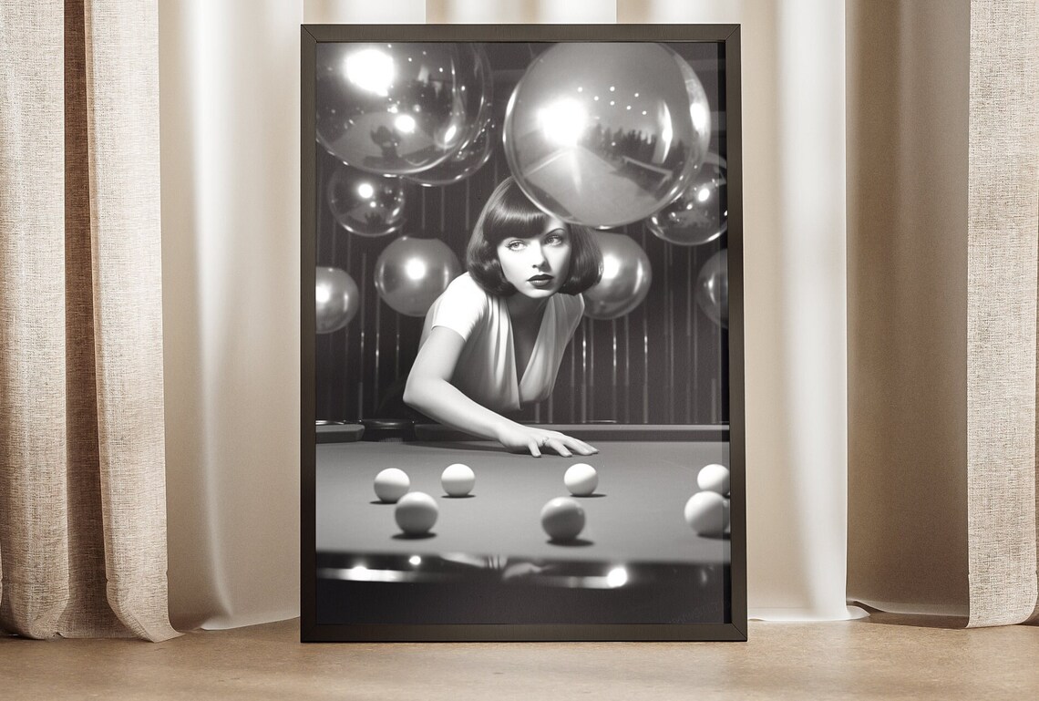 Disco Pool Room Wall Art 70s Art Poster Billiards Wall Decor Funky Retro Print Black And White Gift For Pool Player