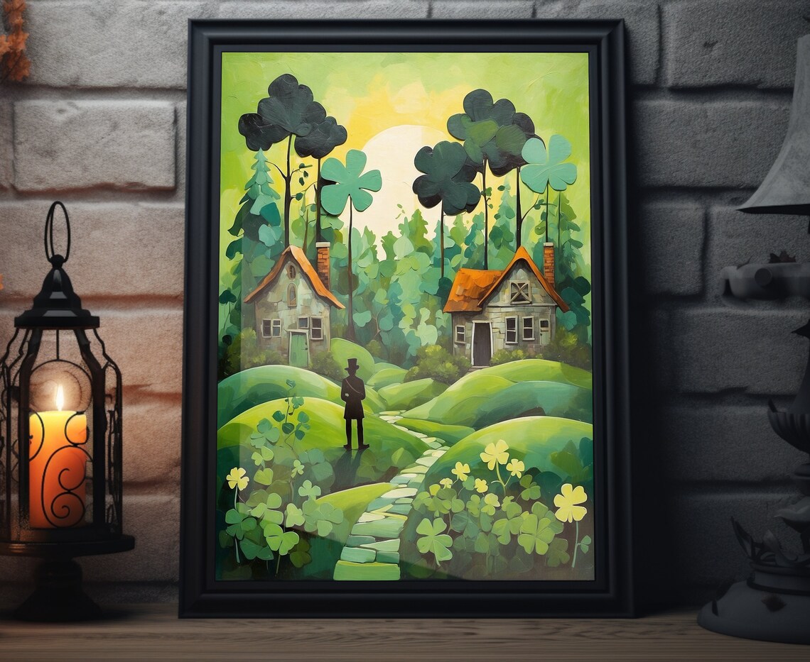 Ireland Whimsical Cottage Valley Clover Trees Leprechaun Folk Art Poster