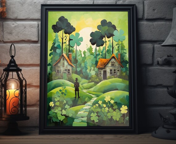 Ireland Whimsical Cottage Valley Clover Trees Leprechaun Folk Art Poster