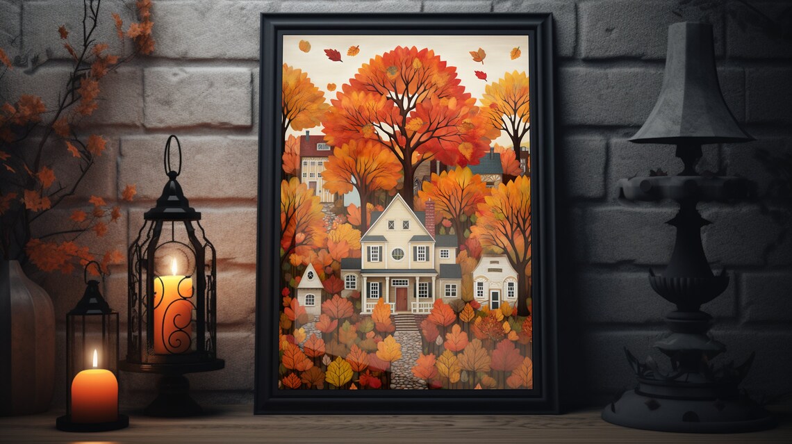 Vintage Thanksgiving Folk Art Poster, Autumn Home