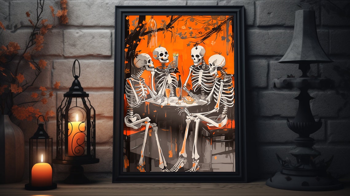 Skeletons Cocktail Party Orange Night Fun Halloween Art Poster