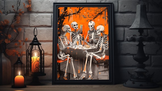 Skeletons In Bar Halloween Wall Art Halloween Bar Cart Art Cute Fall Art Prints Alcohol Decorations