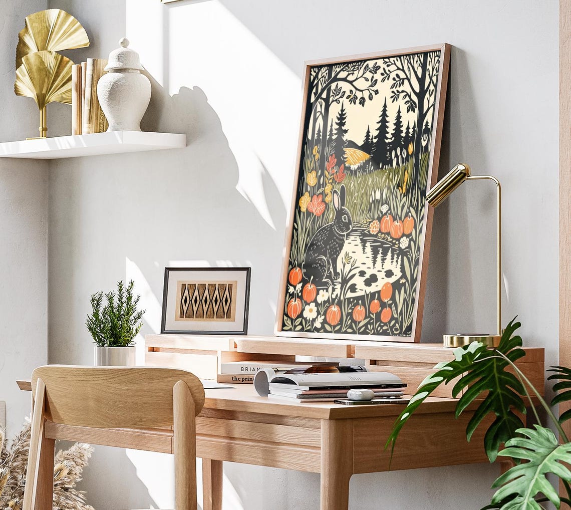 Black Rabbit By Autumn Pond Meadow Pumpkins Woodcut Style Art Poster - Image 3