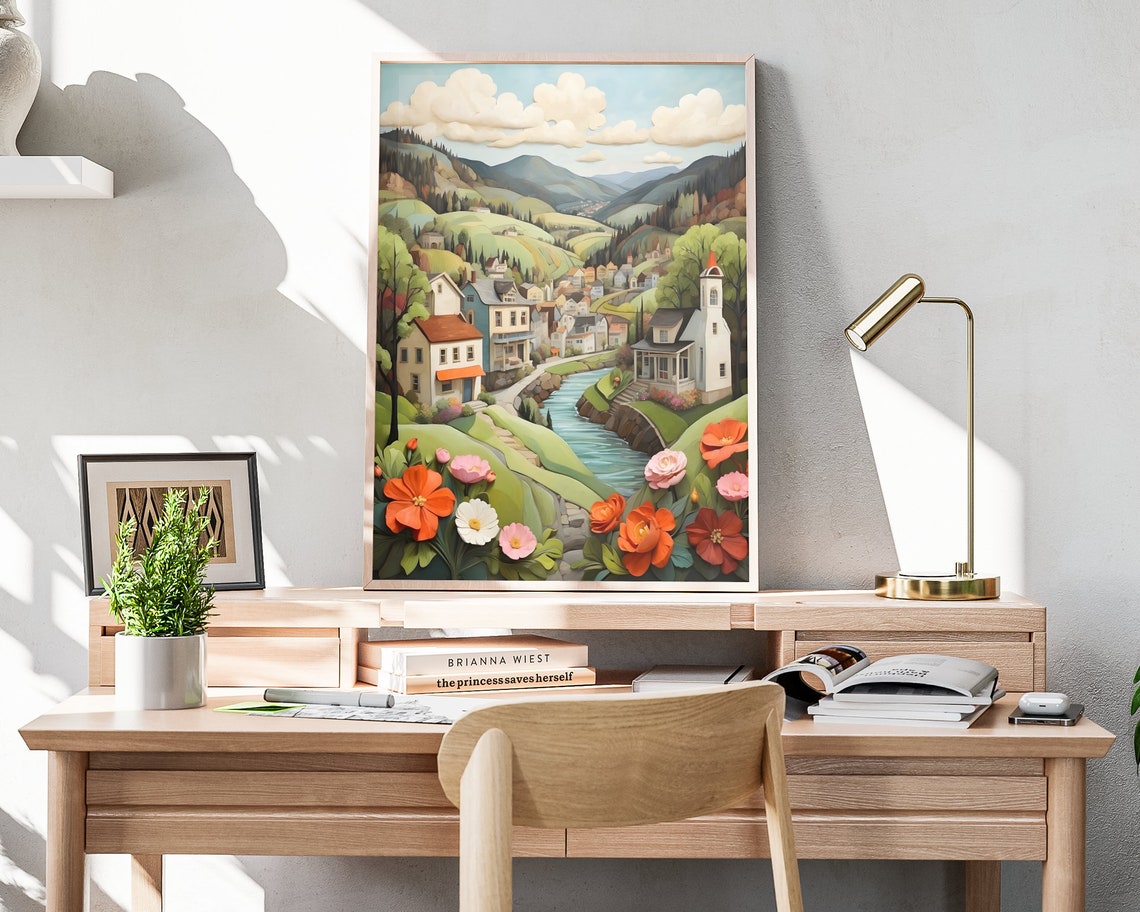 Spring Village Valley River Church Blossom Folk Art Wall Poster - Image 4