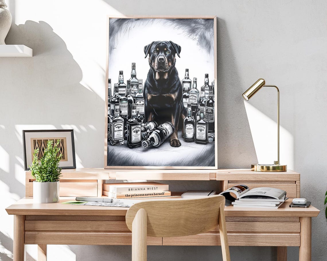 Rottweiler Sitting Among Whiskey Bottles Black White Sketch Poster - Image 4