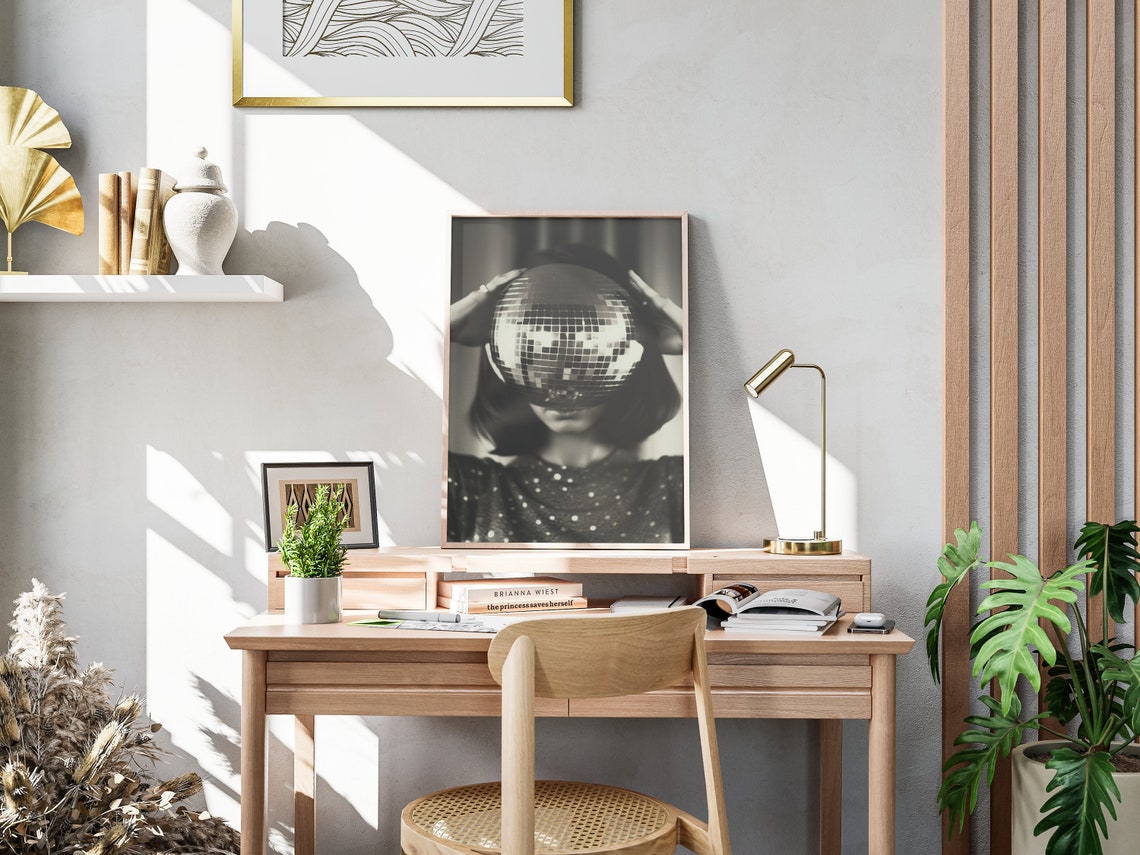 Woman Holding Disco Ball Over Face Black White Retro Party Glam Poster - Image 4