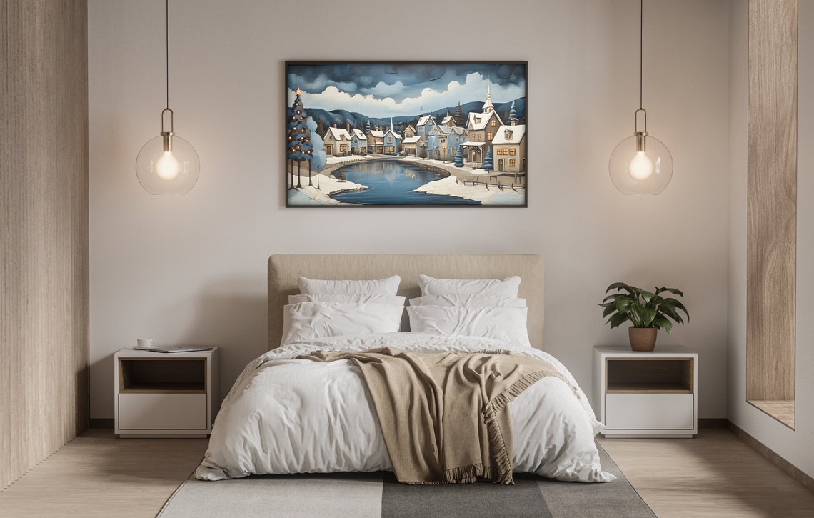 Snowy Christmas Village By Lake At Dusk Panoramic Wall Art Poster - Image 3