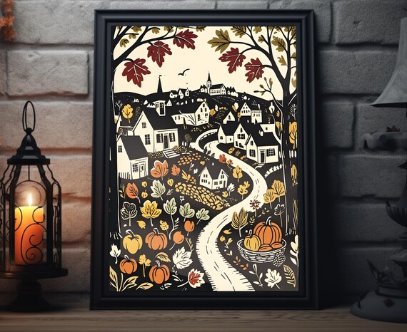 Dark Autumn Town Woodcut Pumpkin Basket Harvest Folk Art Poster