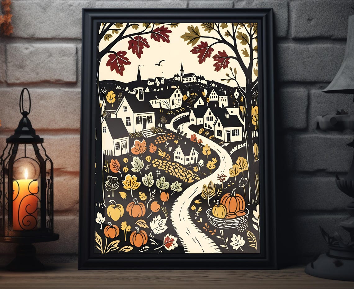 Dark Autumn Town Woodcut Pumpkin Basket Harvest Folk Art Poster