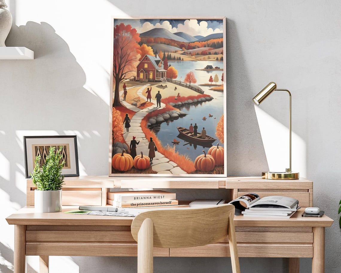 Lakeside Cottage Autumn Lake Pumpkins Boats Peaceful Fall Poster - Image 4