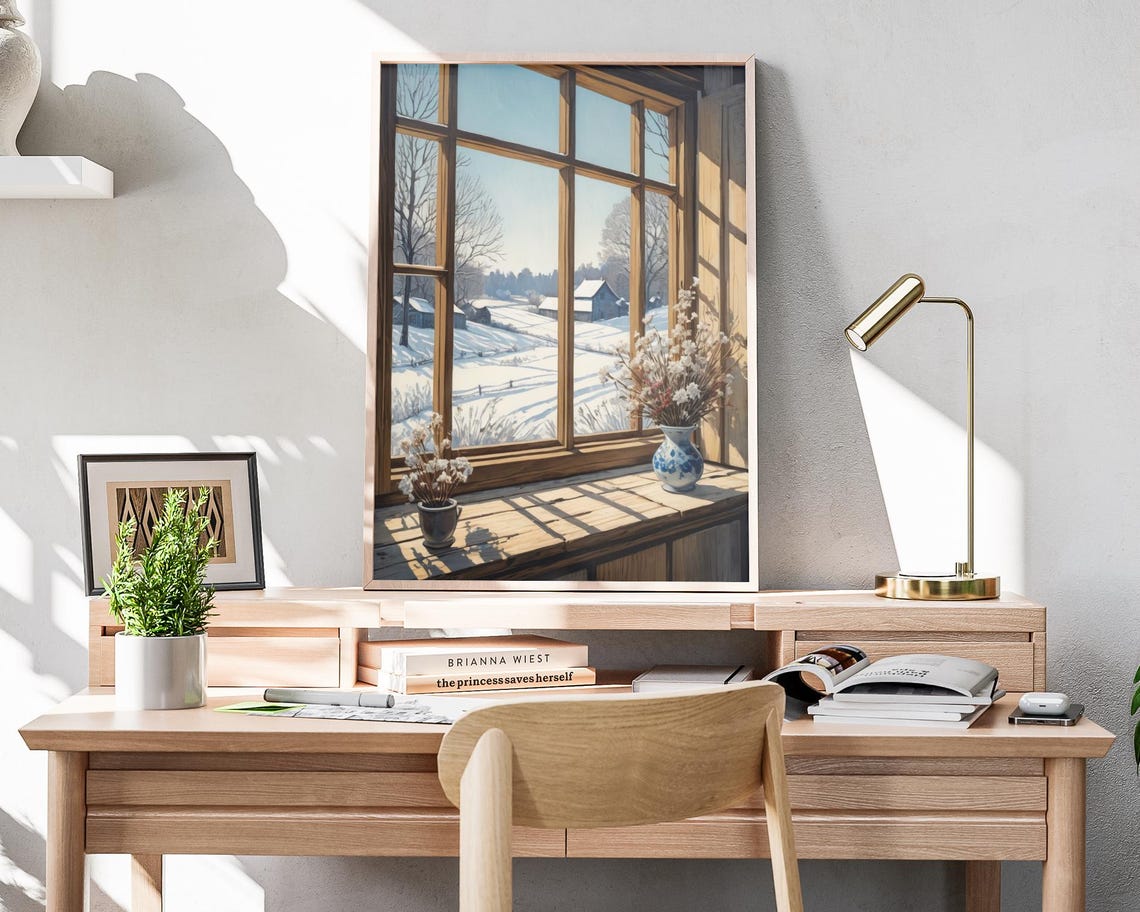 Snowy Farm Countryside Through Tall Window Winter Art Poster - Image 4