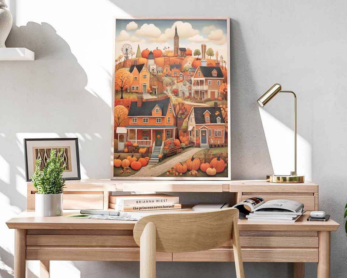 Autumn Town Church Windmill Pumpkin Streets Fall Folk Art Poster - Image 4