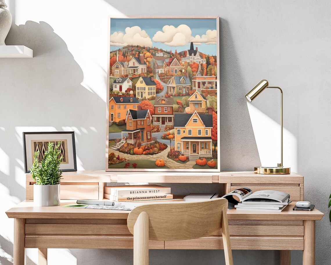 Fall Town Folk Art, Autumn Pumpkin Poster Print - Image 4