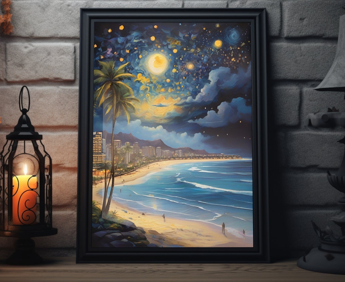 Hawaii Starry Night Matte Wall Art Hawaiian Beach Artwork Coastal Island Print Hawaii Painting Hawaiian Decor Hawaii Folk Art Poster