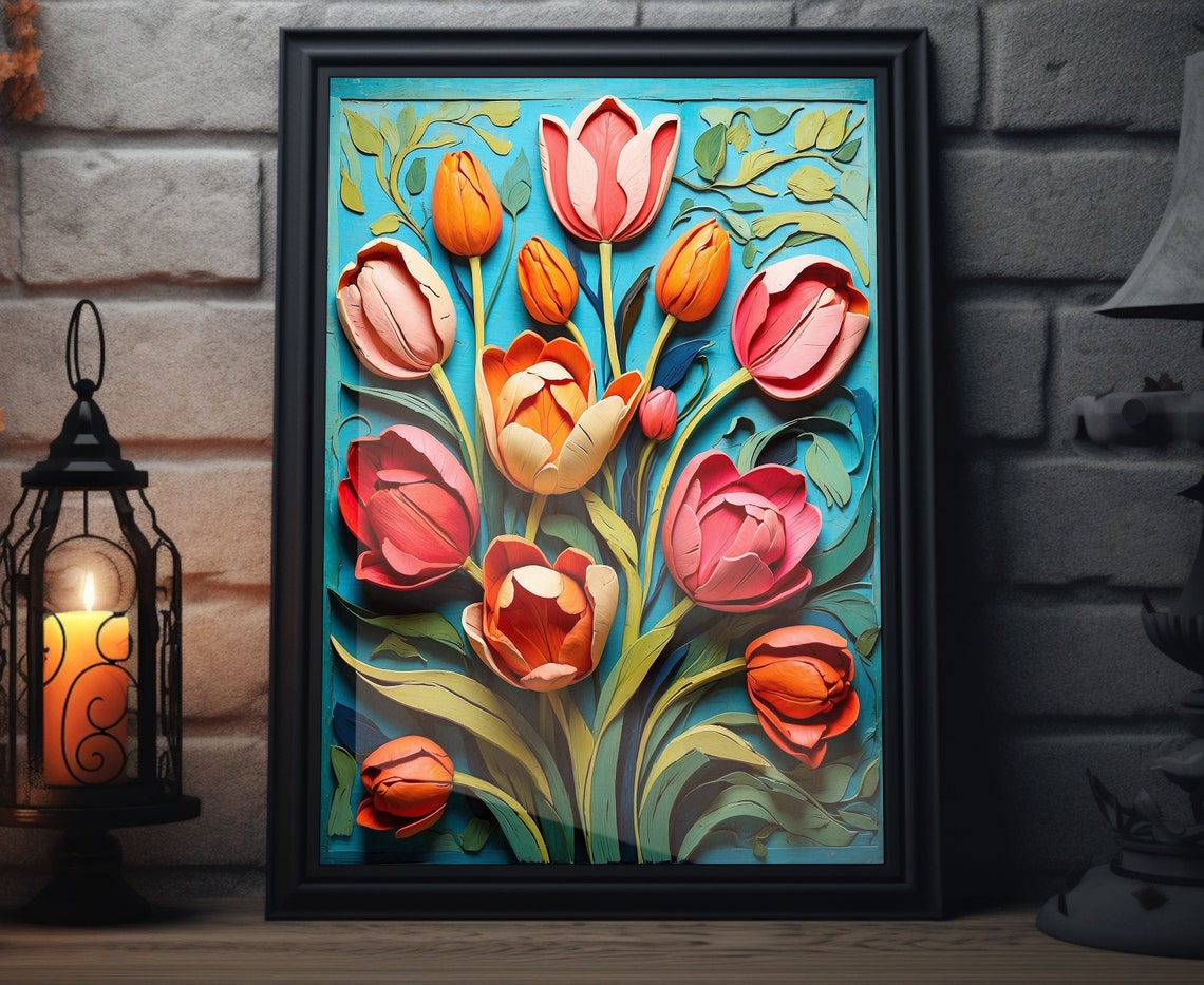 Colorful Tulips 3D Paper Quilling Teal Background Spring Floral Poster