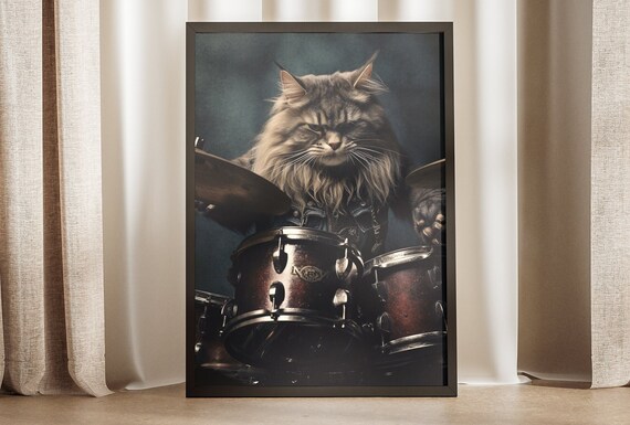 Fluffy Maine Coon Drummer Cat Rock Band Funny Pet Portrait Poster