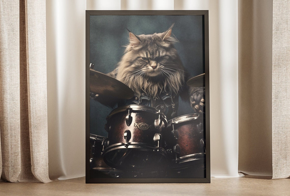 Fluffy Maine Coon Drummer Cat Rock Band Funny Pet Portrait Poster