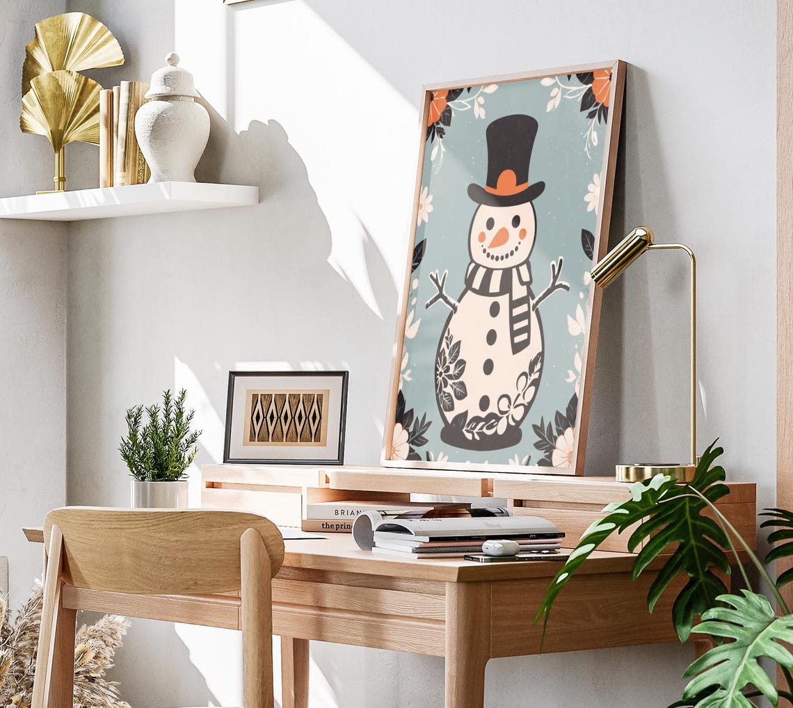 Cute Snowman Top Hat Floral Boho Sage Background Christmas Poster - Image 3