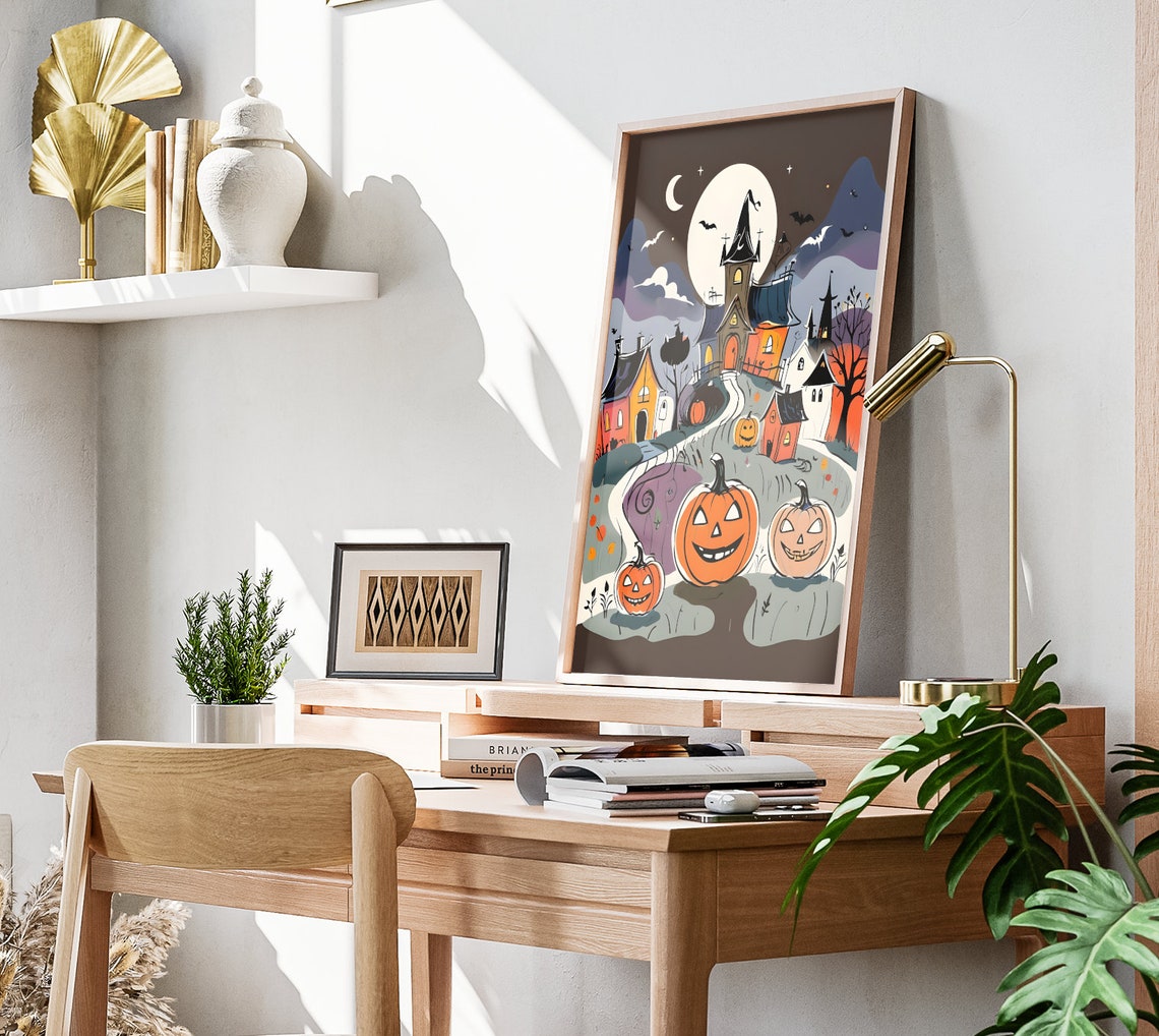 Halloween Castle Village Giant Pumpkins Crescent Moon Art Poster - Image 3