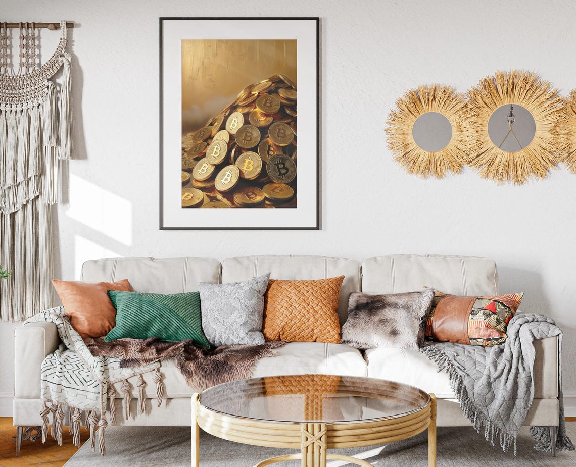 Golden Bitcoin Coin Pile Treasure Stack Crypto Wealth Wall Art Poster - Image 2
