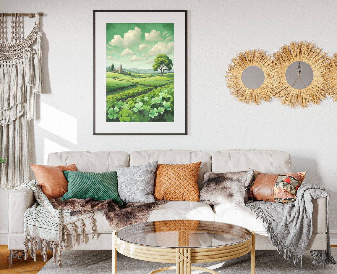 Ireland Green Countryside Shamrocks Church Rolling Hills Folk Art Poster - Image 2