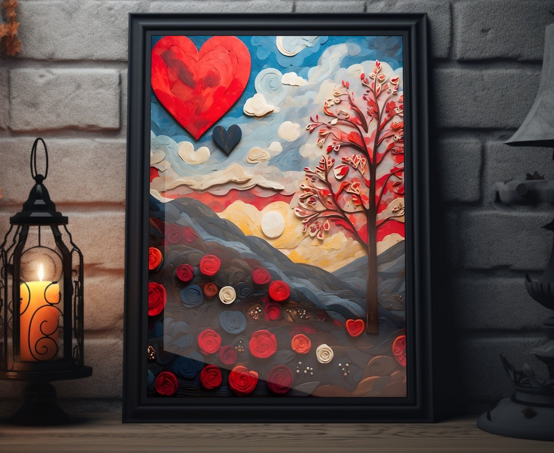 Valentines Quilled Sunset Heart Sky Roses Mountain Romantic Art Poster