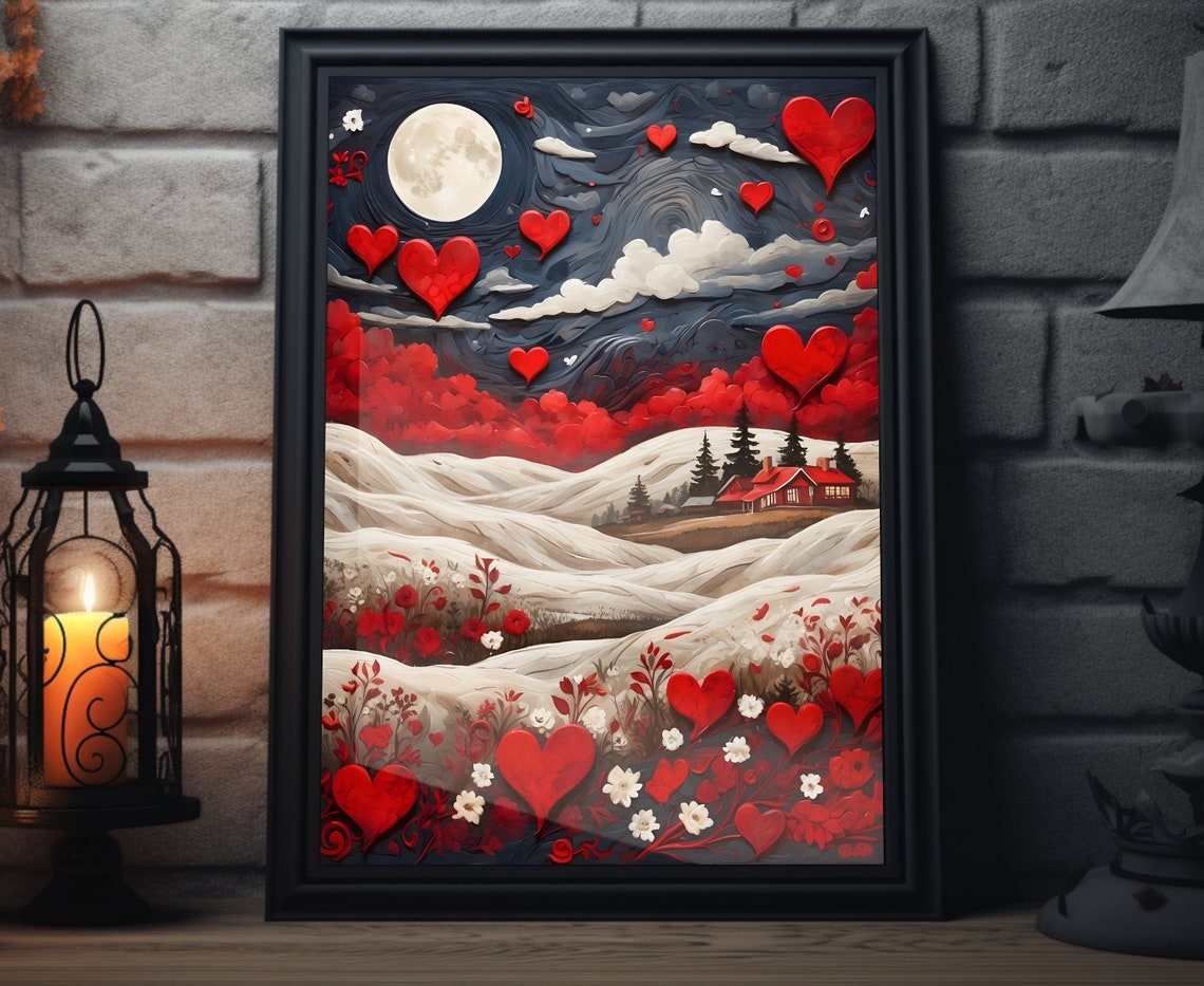 Valentines Snowy Hills Floating Hearts Moon Cabin Folk Art Poster