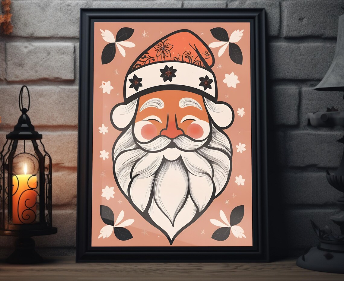 Boho Santa Face Portrait Floral Hat Christmas Holiday Art Poster