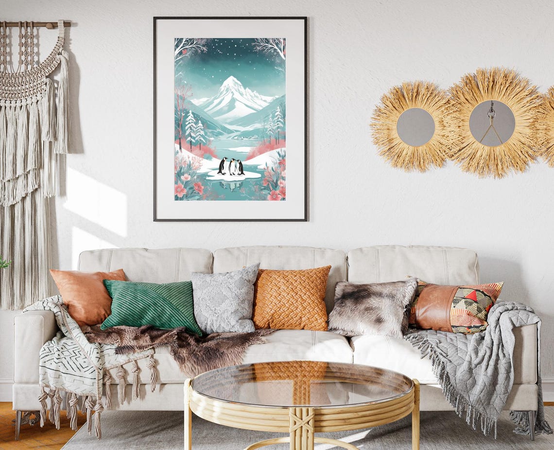 Penguins On Ice Floe In Pastel Winter Mountain Lake Art Poster - Image 2