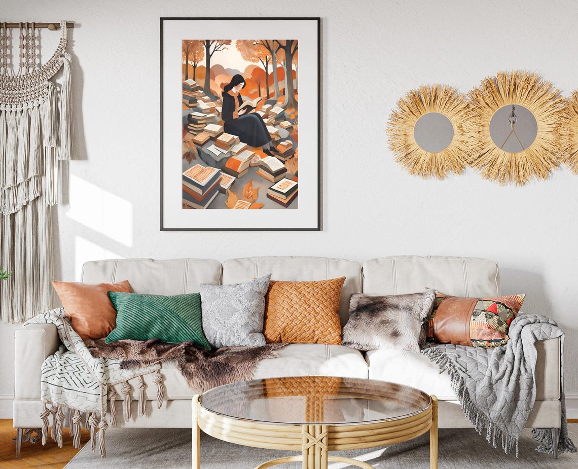 Woman Reading Among Piles Of Books In Golden Autumn Forest Art Poster - Image 2
