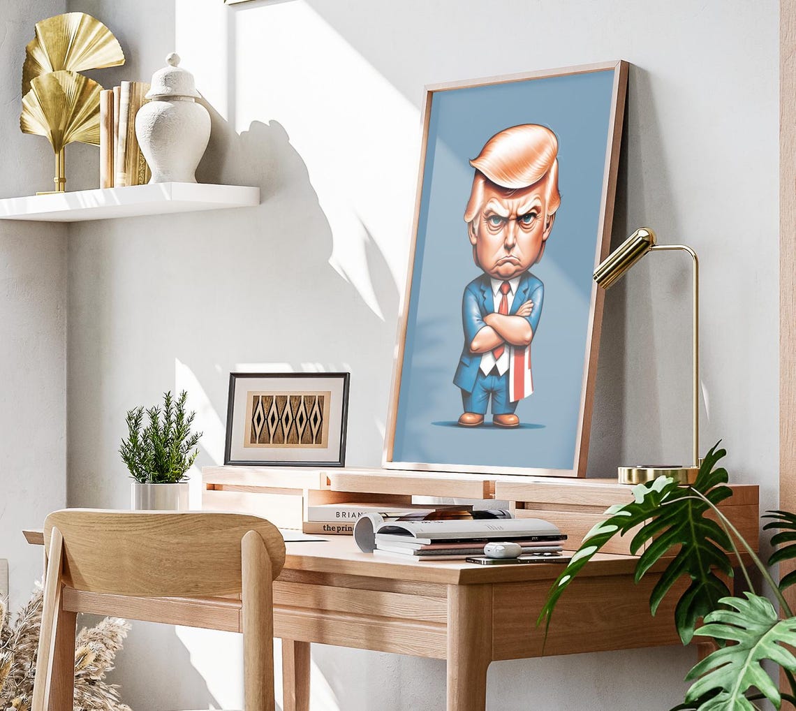 Donald Trump Chibi Caricature Flag Draped Blue Suit Political Poster - Image 3
