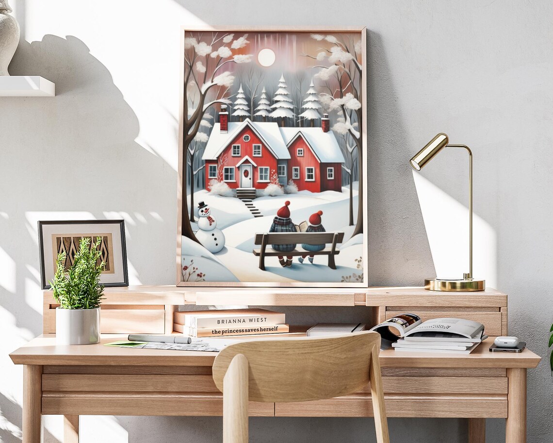 Christmas Home Children Reading Snowman Red House Winter Scene Poster - Image 4