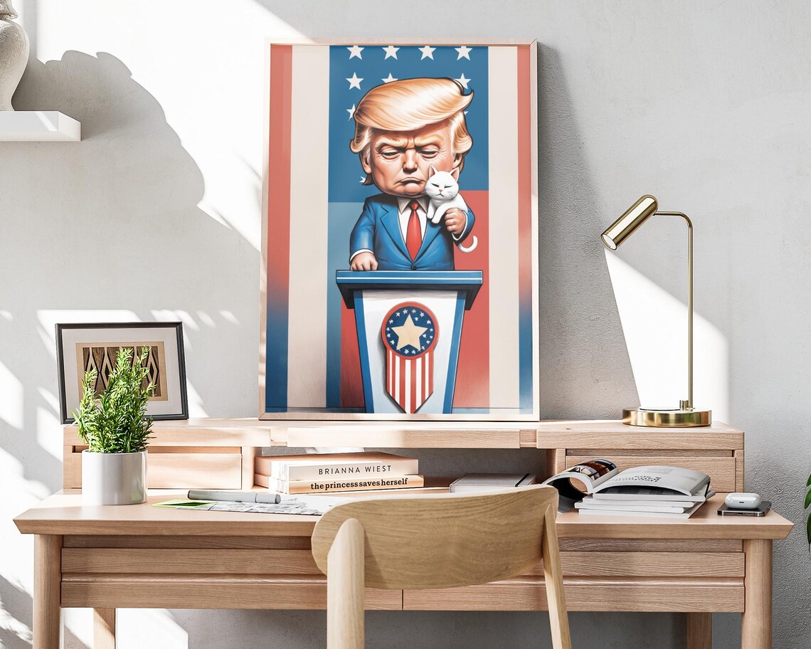 Donald Trump Holding White Cat At Podium Flag Seal Caricature Wall Art Poster - Image 4