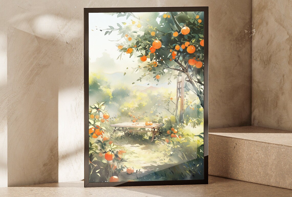 Watercolor Painting Poster In The Style Of Claude Monet Tree Of Oranges In Serene Garden Floral Design Gift For Nature Enthusiasts