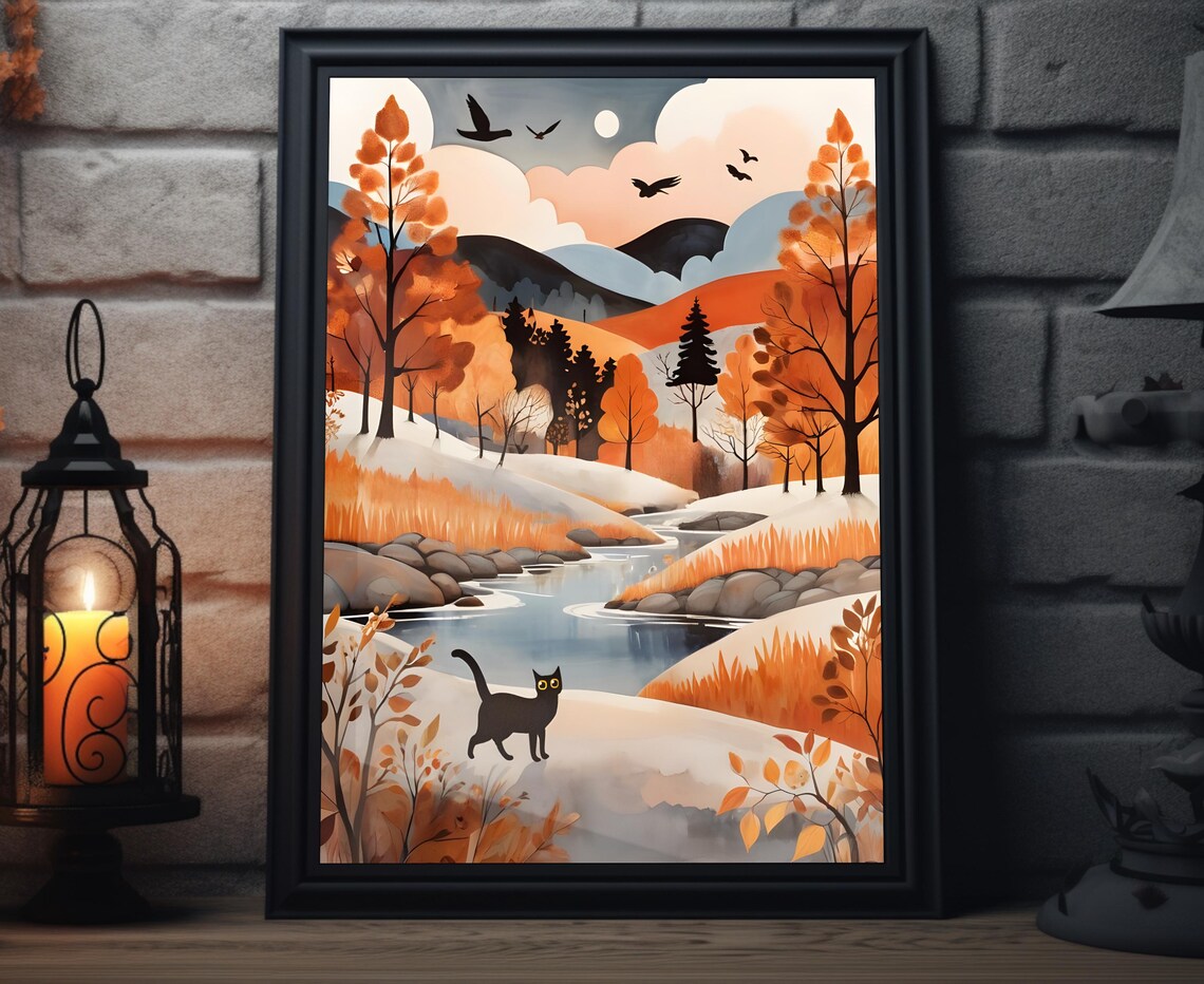 Black Cat Autumn River Moonlit Valley Sunset Folk Art Poster