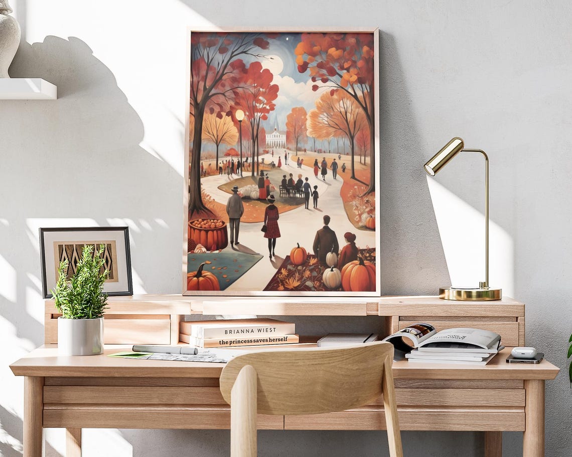 Autumn Park Avenue Strolling People Pumpkins Moonlit Evening Poster - Image 4