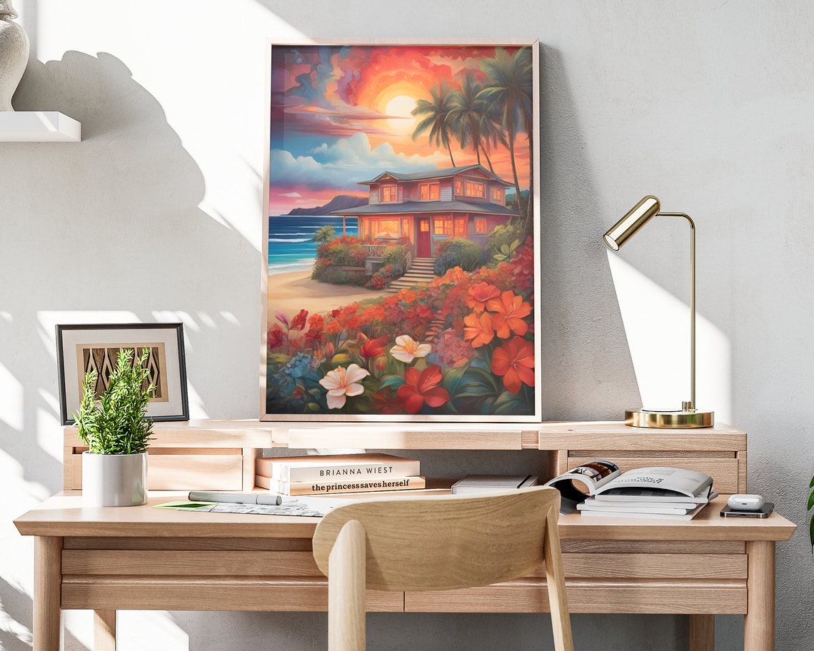 Hawaii Beach House Sunset Red Hibiscus Flowers Tropical Garden Poster - Image 3
