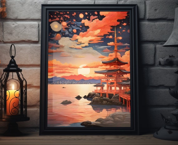 Japan Starry Sunset Matte Wall Art Japanese Lakeview Artwork Japanese Shrine Print Tokyo Painting Japanese Decor Japan Art Poster