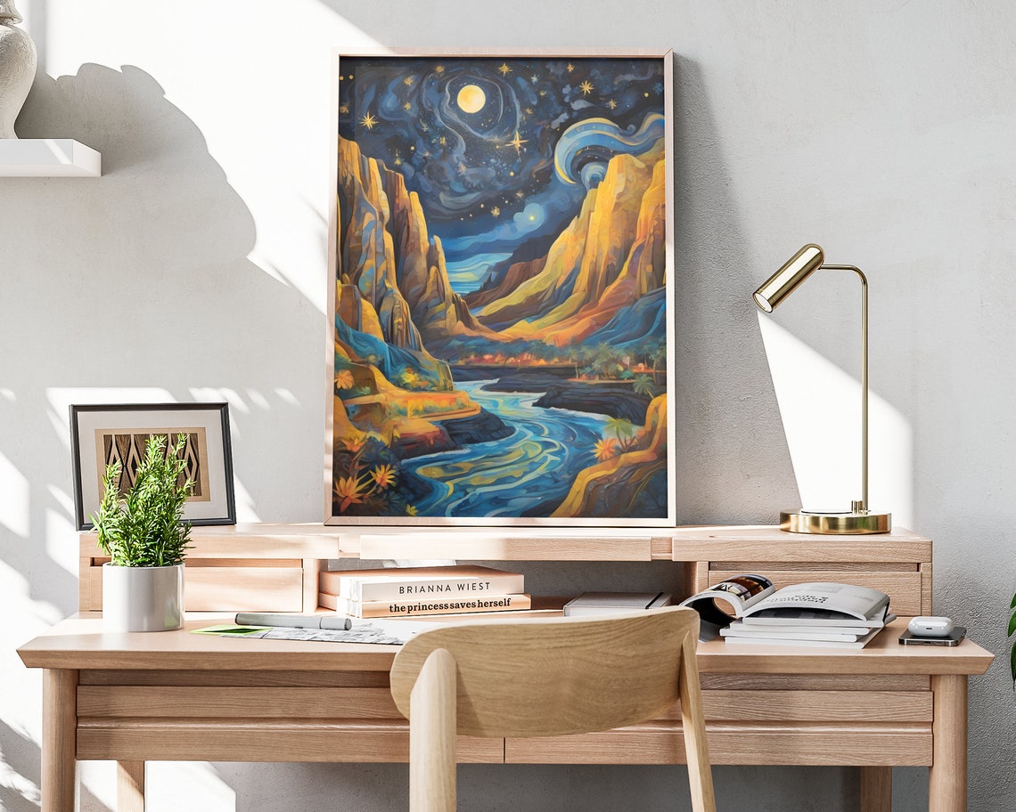 Hawaii Canyon Night River Golden Cliffs Moonlit Starry Sky View Poster - Image 3