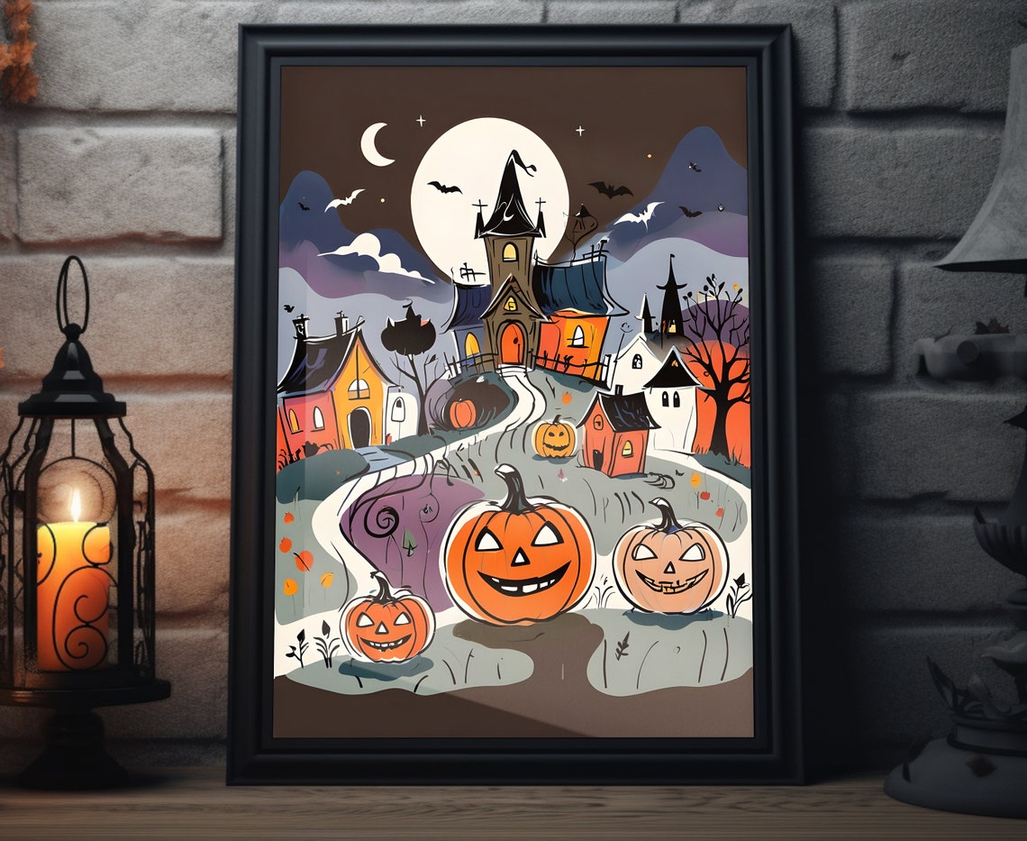 Halloween Castle Village Giant Pumpkins Crescent Moon Art Poster