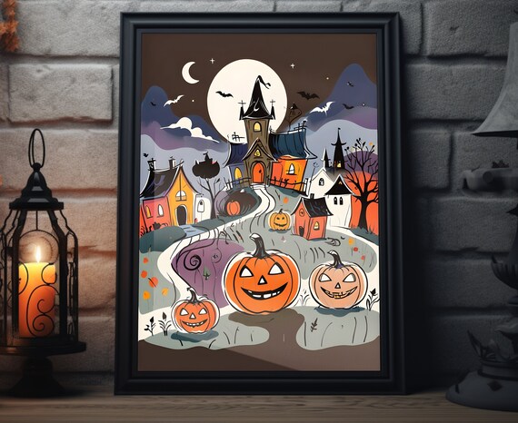 Halloween Castle Village Giant Pumpkins Crescent Moon Art Poster