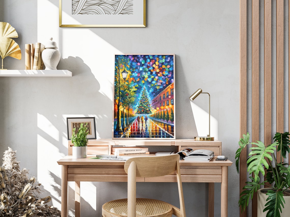 Impressionist Christmas Tree City Street Night Reflections Art Poster - Image 4