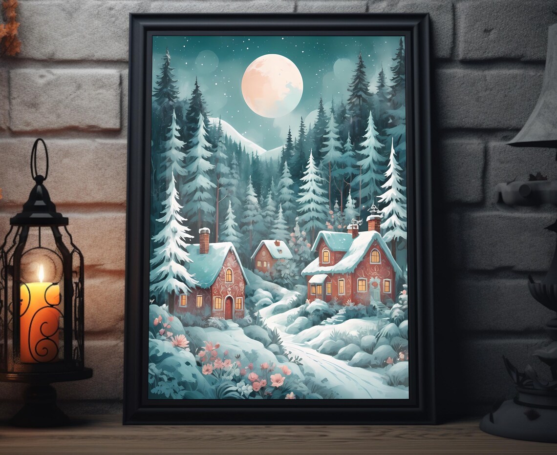 Moonlit Winter Forest Cottage Snowy Pines Floral Night Art Poster