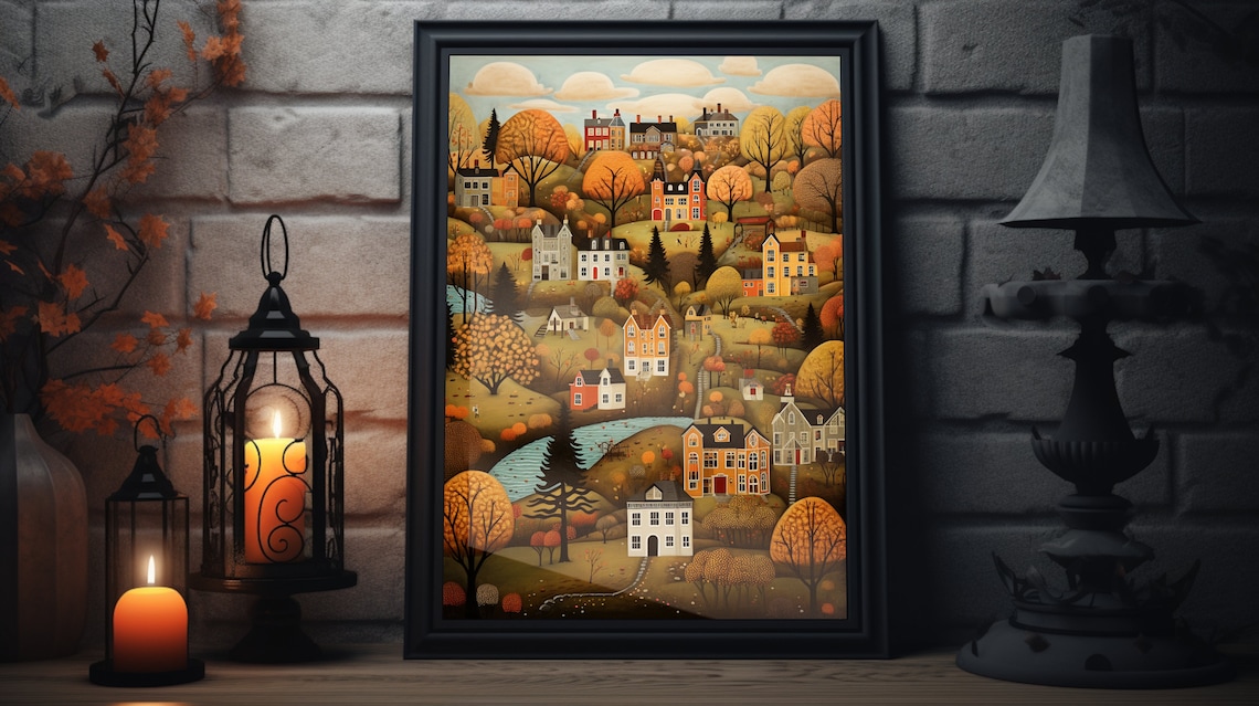 Vintage Thanksgiving Town Folk Art, Fall Poster