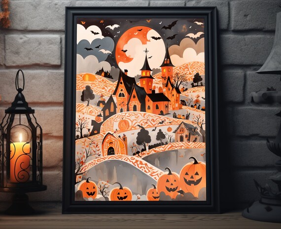 Halloween Town Red Moon Patterned Roads Pumpkins Bats Poster