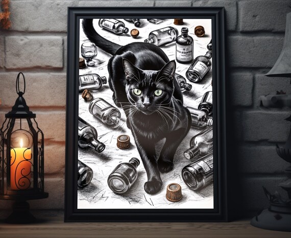 Black Cat Strolling Through Vintage Bottles Bar Sketch Art Print