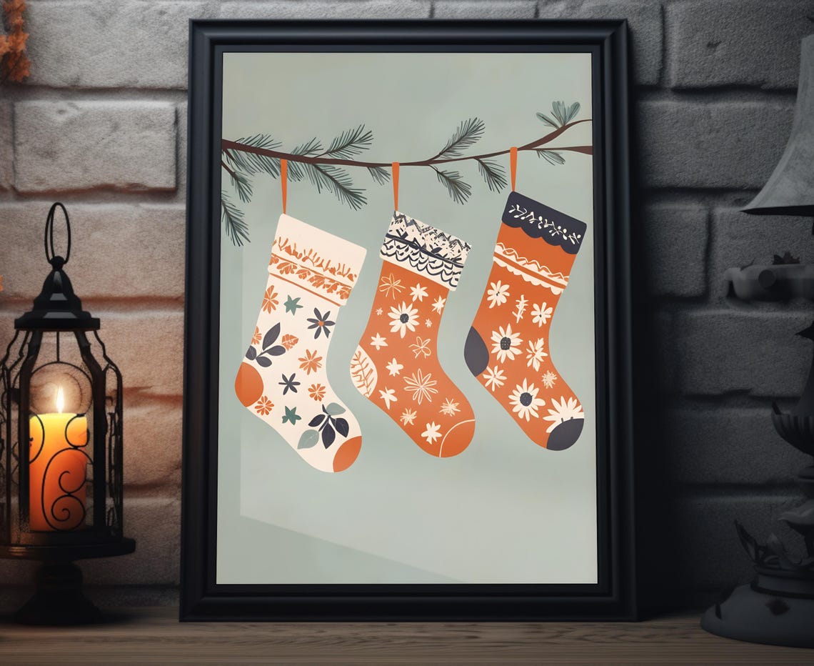 Boho Christmas Stockings Patterned Pine Branch Floral Holiday Poster