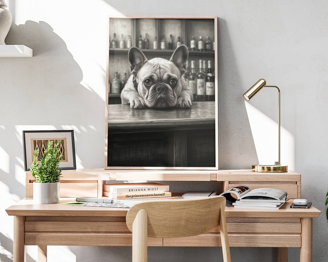 French Bulldog Puppy Resting On Vintage Bar Sepia Wall Art Poster - Image 4