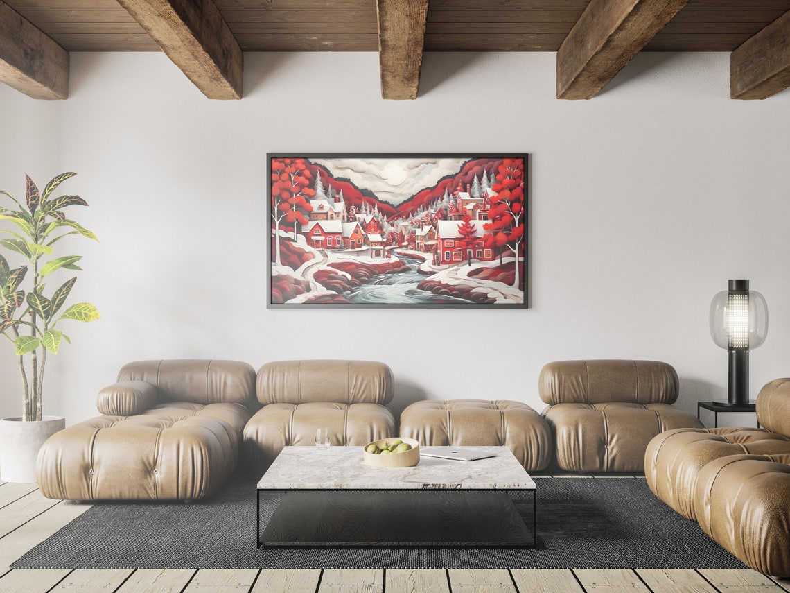 Folk Art Red Christmas Village River Snowy Mountain Scene Poster - Image 3